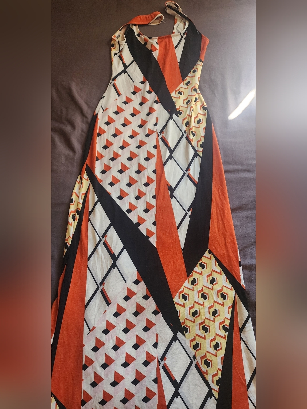 iris Orange Black Cream Geometric Halter Maxi Dress